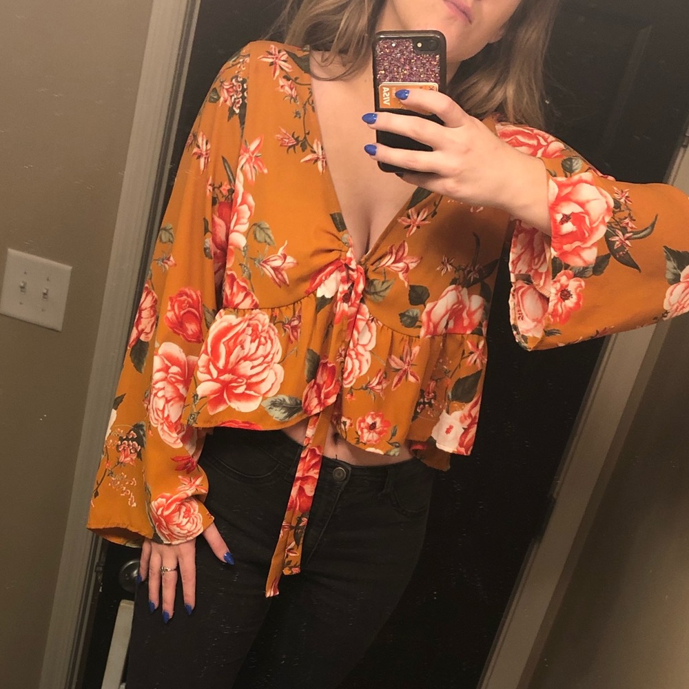 Floral orange top with tie in the front